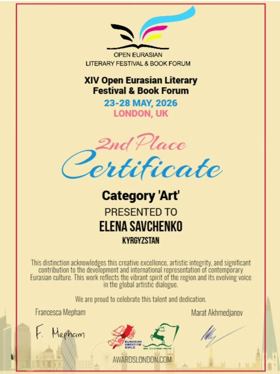 2nd Place Certificate Category Art